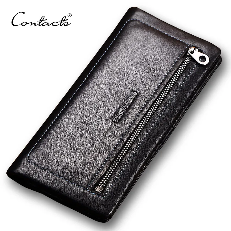 

CONTACT'S Fashion Genuine Leather Men Wallet Famous Brand Wallets Man Money Clip Day Clutches Purse Black Men's Purses Zipper