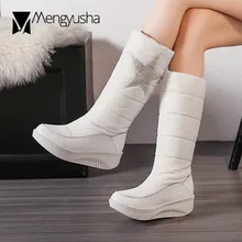 Новые зимние сапоги с украшениями; женская обувь на танкетке с хлопковой подкладкой; теплые сапоги до середины икры с блестящими стразами; c835