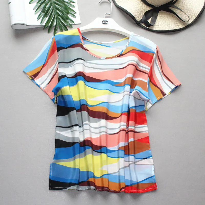 

2019 summer new arrive female 100% silk short-sleeved shirt round neck silk T-shirt loose bottoming shirt