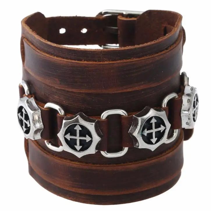 

Punk Gothic Rock Cross Rivet Bracelet Cuff Metal Charm Wide Genuine Leather Bangle Wrap Wristbands for Women Men Vintage Jewelry