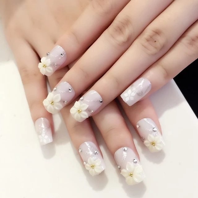 Beige Medium Acrylic Nail Tips Square Rhinestones Design Lily Flower Beige Medium Acrylic Nail Tips Square Rhinestones Design Lily Flower Nail Tips Easy Use 24pcs/ - Beige Medium Acrylic Nail Tips Square Rhinestones Design Lily Flower