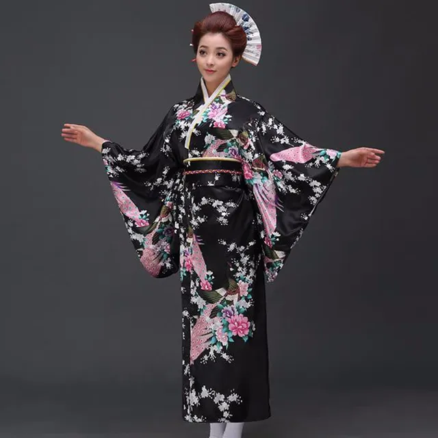Black peafowl Japanese Kimono Women's Polyester Satin Kimono Yukata ...