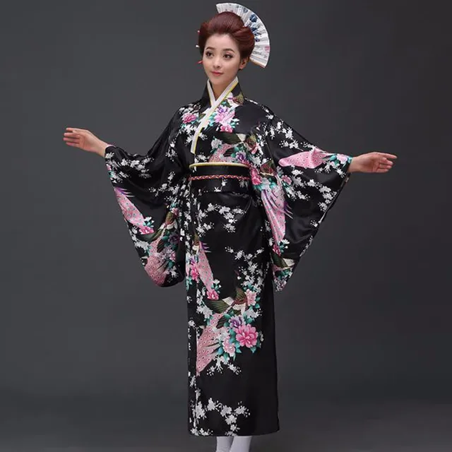 Black peafowl Japanese Kimono Women's Polyester Satin Kimono Yukata