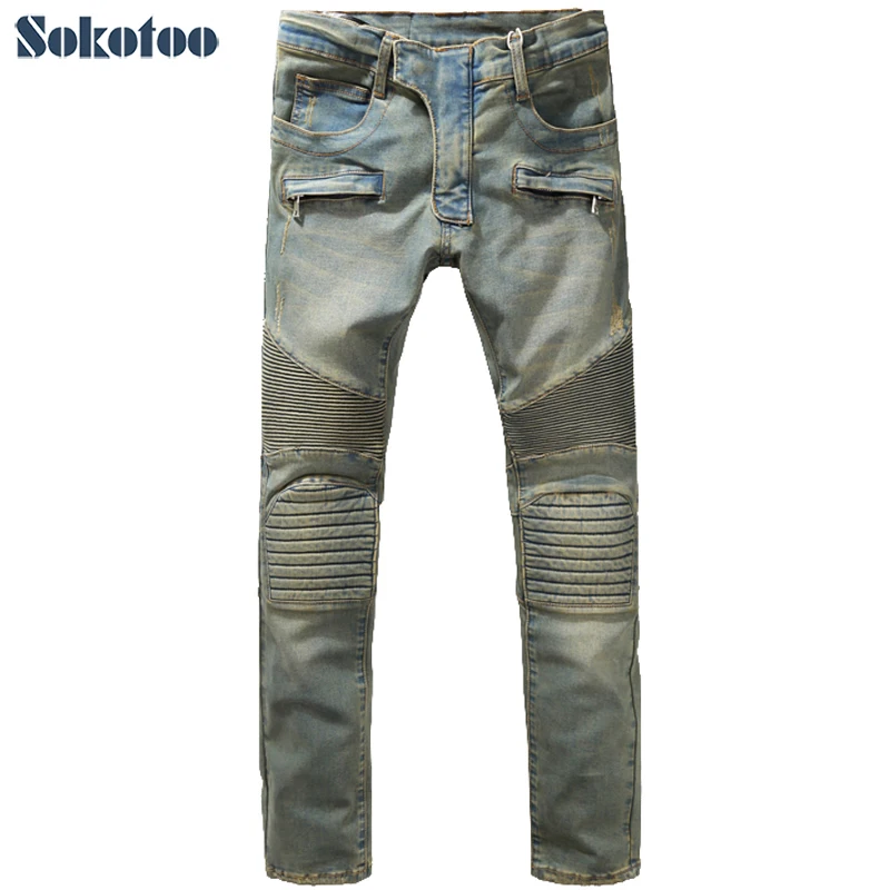 Sokotoo Men's fashion slim vintage biker jeans Casual thick heavyweight
