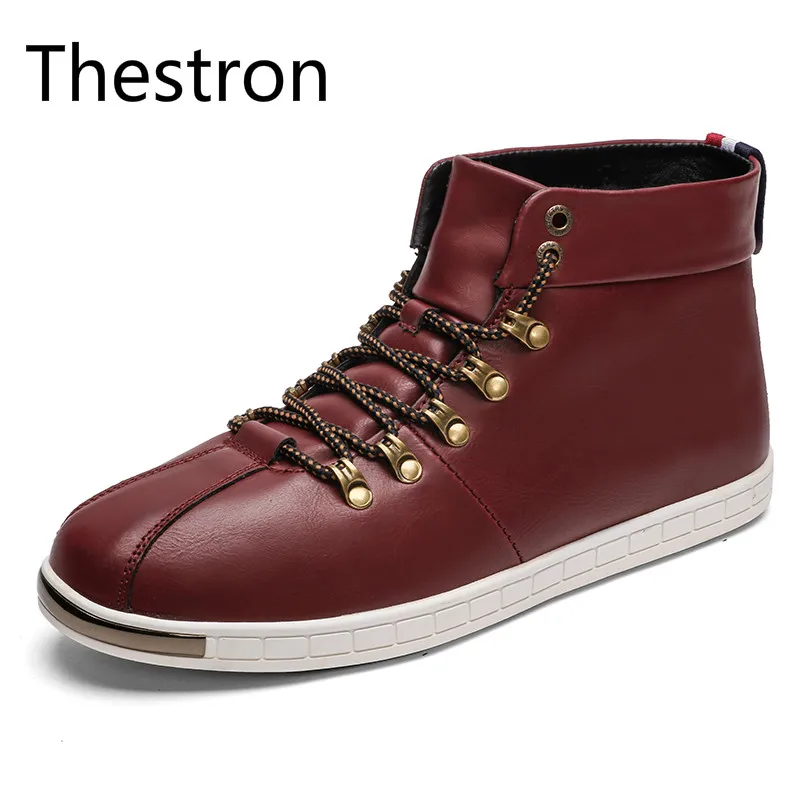 

Thestron Men Boots 2018 Winter Working Safety Ankle Boots Casual Waterproof Men Warm Short Leather with Fur Warm Male Red Black