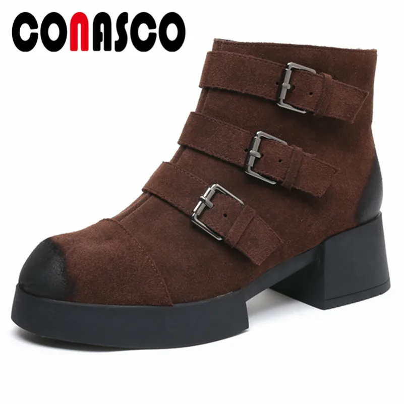 

CONASCO Retro Cow Suede Women Buckles Martin Shoes Woman High Heels Autumn Winter Short Basic Boots Platforms New Shoes Woman