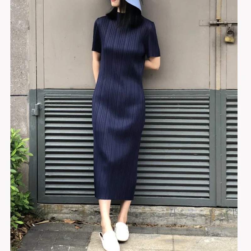 LANMREM Summer New Fashion Temperament Women Loose Plus Casual Half-neck Short Sleeve Pleated Solid Color Dress TC258 - Цвет: navy blue