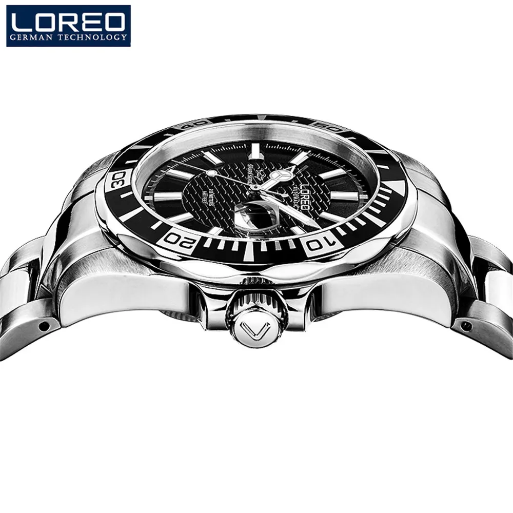 LOREO العلامة التجارية الفاخرة التلقائي الميكانيكية ووتش الكلاسيكية الياقوت الطلب الكامل للصدأ ووتش الرجال للماء 200 M الذكور الأزياء ساعة