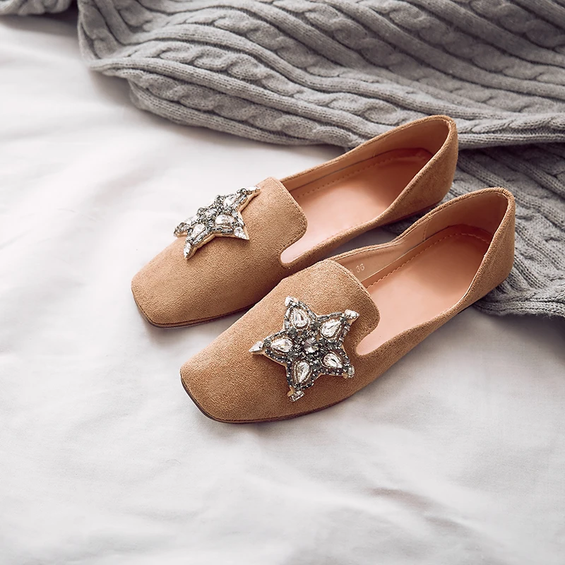 

Women's Suede Leather Slip-on Ballerinas Flats Brand Designer Square Toe Five-pointed Star Rhinestones Fashion Comfortable Shoes