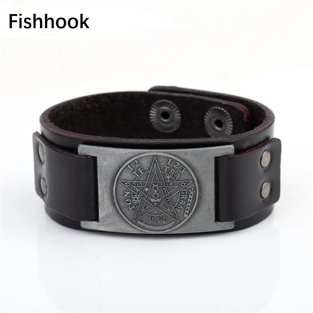 

Fishhook Wicca Sigil Studded Pentagram Charm Fashion Jewelry Making Adjustable Leather Cuff Wristband Punk Bracelets & Bangles