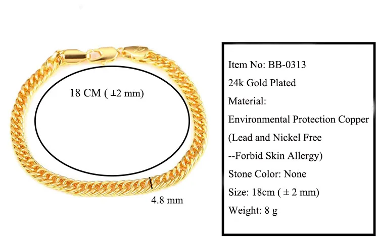 MxGxFam( 18 cm x 4.8 mm) Chain Bracelet Jewelry For Women Men 24 k Pure Gold Color Fashion Designs Allergy Free