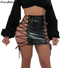 Страусиная кожаная юбка на бретелях Женская высокая талия Сексуальная черная попа Женская мода ночной клуб Мини юбка костюм девушка