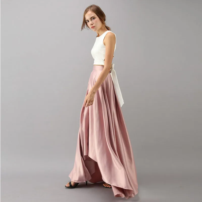 Элегантная длинная юбка с высокой и низкой талией, атласная розовая плиссированная длинная юбка трапециевидной формы на заказ, официальная юбка для вечеринки, одежда для выпускного вечера