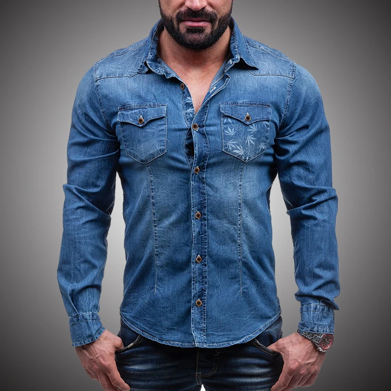 Denim Shirt Men Casual Fit Slim Long Sleeve Shirts 2018 Autumn Cotton ...