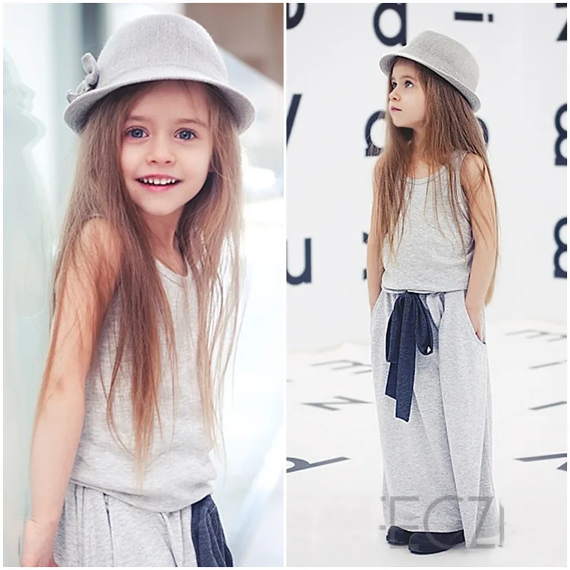 2-7 Years Girls Clothes Set Summer Kids Sleeveless Tops Girl Grey Vest+Bow Skirts Sets Children Cotton Casual Top Outfits Suits | Детская