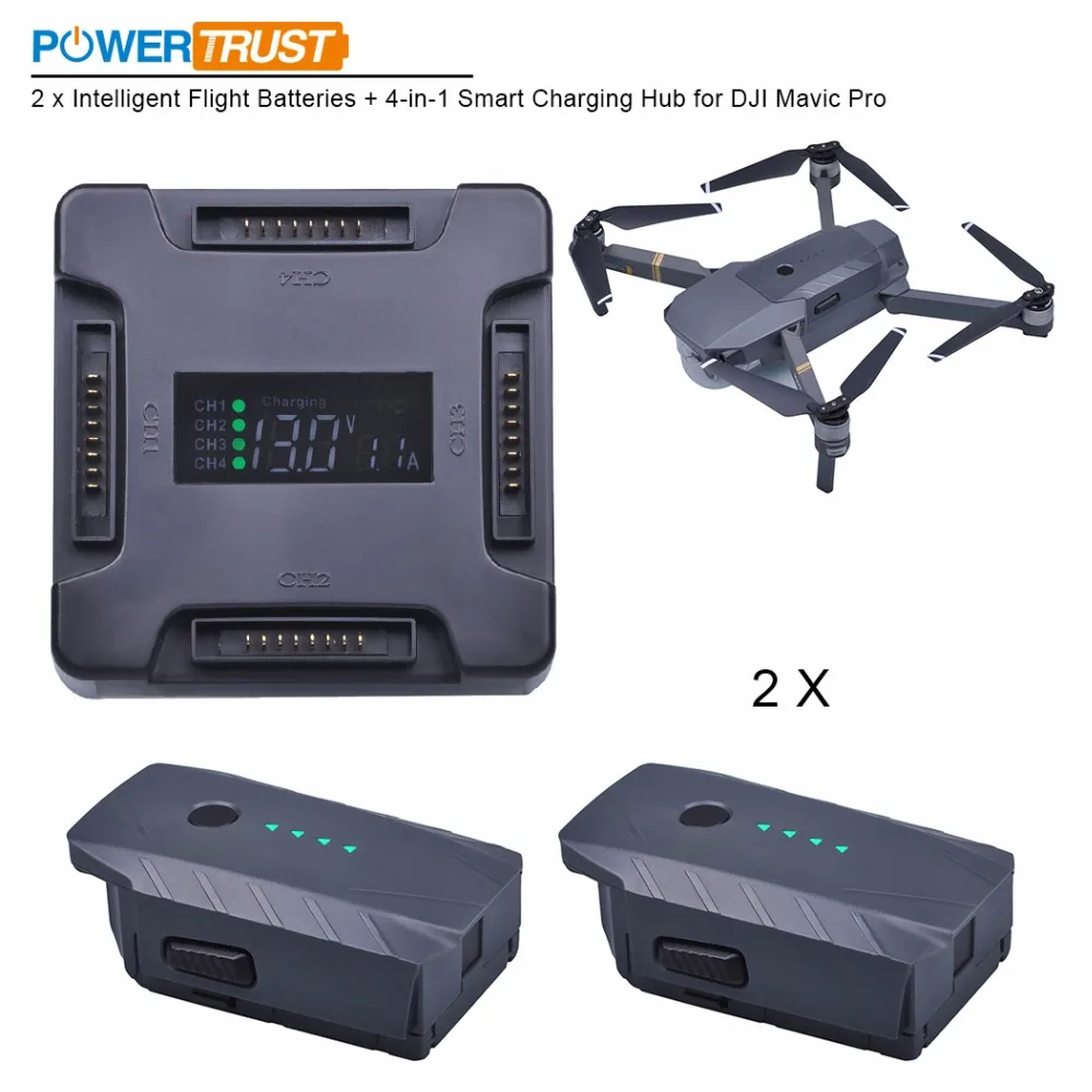 

PowerTrust 2Pcs High Power Intelligent Polymer Flight Battery pack with 4-in-1 Smart Charging Hub for DJI Mavic Pro Drone