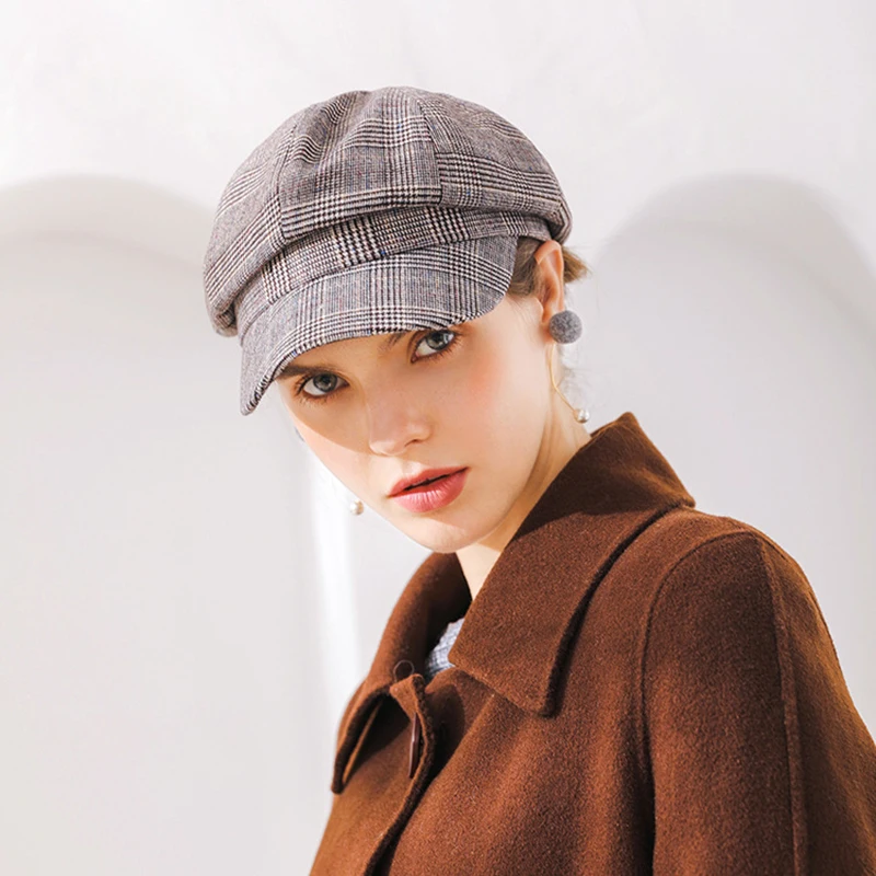 

Women Newsboy Cap Autumn Winter Black White Plaid Hats For Women Vintage Visor Octagonal Cap Female Casual Boina M155