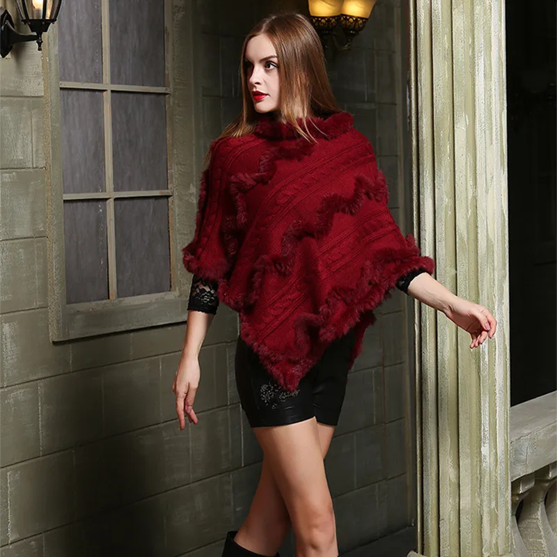 

ZY82011 2015 Winter Europe Hot Sale Real Rabbit Fur With Wool Cloak cloak Women Knitted Shawl High Quality Warm Ponchos