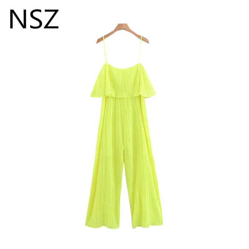 

NSZ Women Neon Pleated Chiffon Jumpsuits Fluorescent Green Elegant Ruffles Off Shoulder Beach Summer Back Bare Romper Overalls