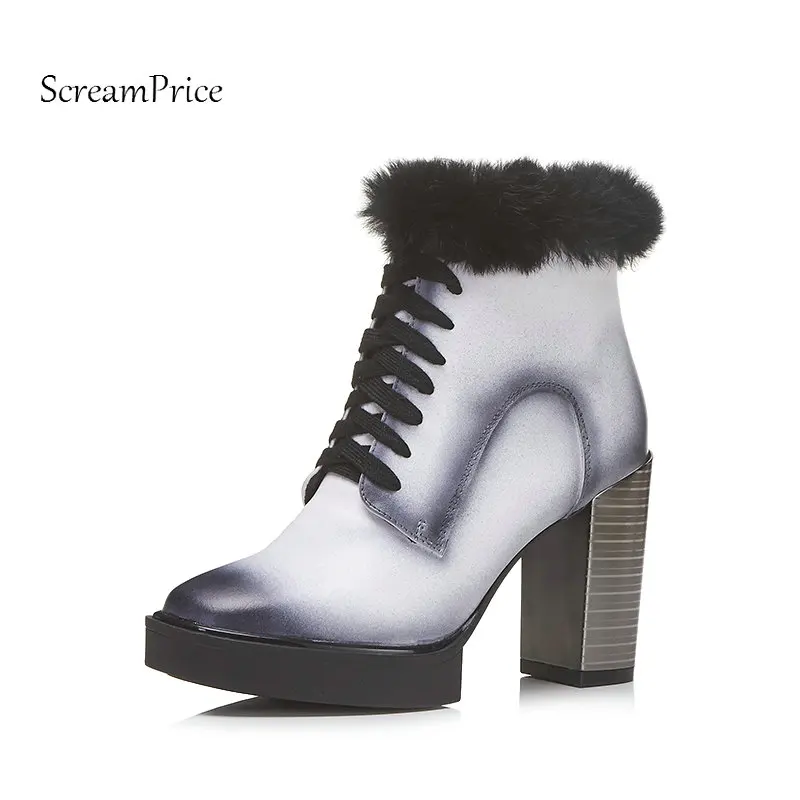 Winter Genuine Leather Platform Square High Heel Woman Ankle Boots Fashion Lace Up Dress Shoes Woman Black Wine Red Winter Genuine Leather Platform Square High Heel Woman Ankle Boots Fashion Lace Up Dress Shoes Woman Black Wine Red