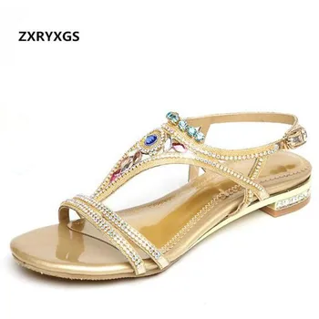 

2019 New Fashion Women Summer Sandals Rhinestone Shoes Flat Sandals Leisure Flat Genuine Leather Shoes Women Sandals