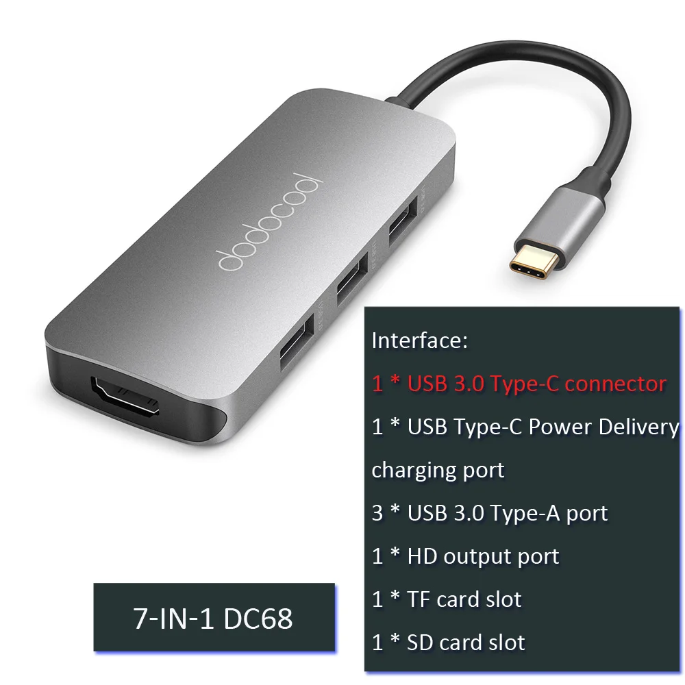 Dodocool usb концентратор usb 3,0 концентратор type c usb c концентратор с HDMI адаптер док-станция для macbook pro Аксессуары USB-C 3,1 сплиттер - Цвет: 7 in 1 DC68