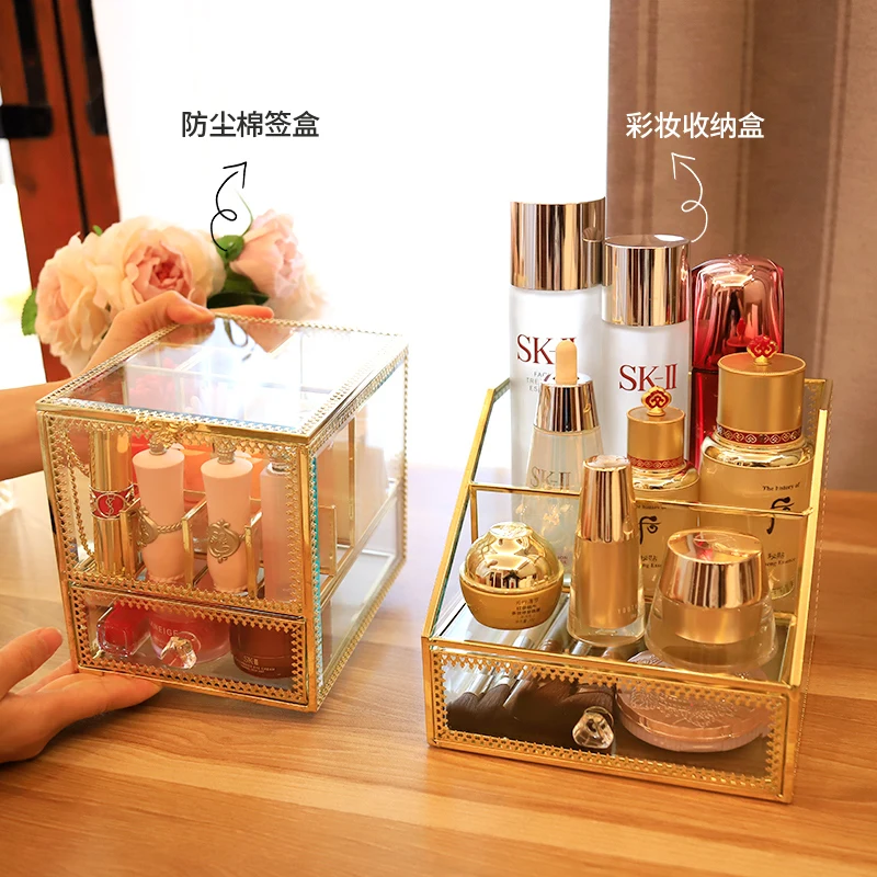 Dressing table cosmetic storage box glass European skin care finishing retro princess household lipstick brush cotton swab box