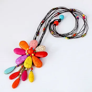 

FishSheep Statement Natural Stone Necklace For Women Handmade Bohemian Vintage Big Stone Beads Flower Pendants Necklaces Jewelry