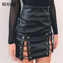 RUGOD 2018 Новый ПУ черный сексуальный и клуб высота талии специальные Lace-up Pencil Большие размеры inregular Женская летняя обувь юбки мини-юбка