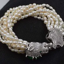 10 строк пресноводного жемчуга белый возле круглого рис 4-6 мм+ зеленый Leopard застежка браслет 8 дюймов fppj бусы природа