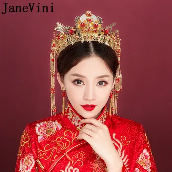 

JaneVini Luxury Bridal Head Jewelry Gold Hairband Headdress Earrings Ancient Wedding Bride Tiaras Crowns haar accessoires bruid