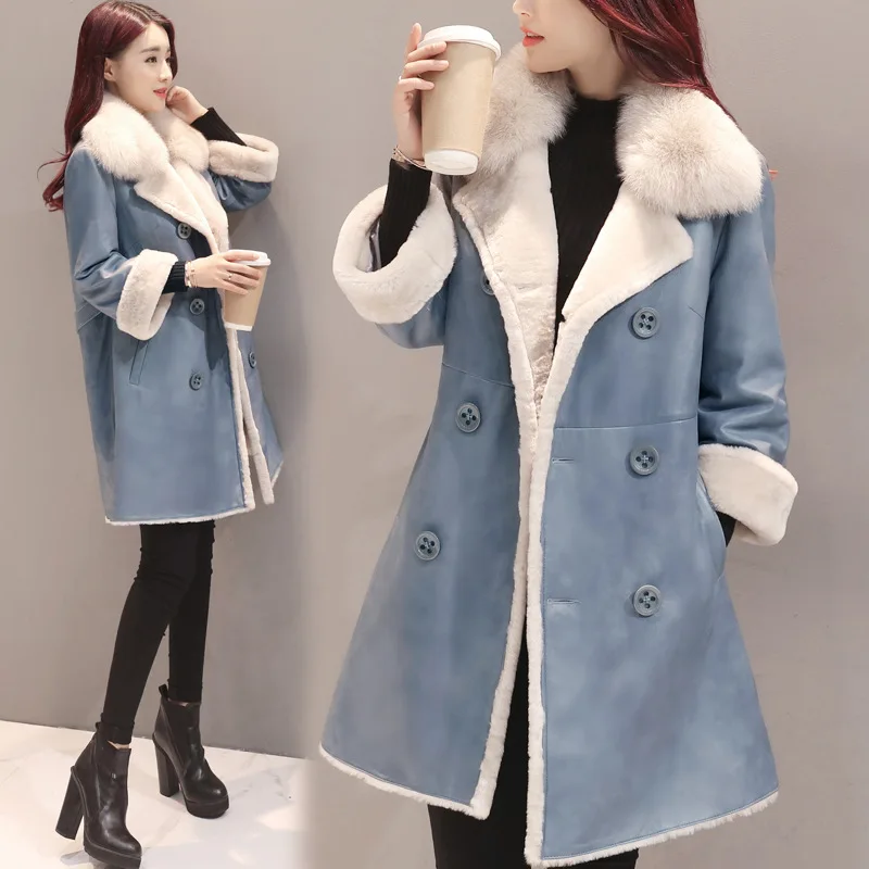 

2017 new women's winter loose long coat female fur collar wool lamb double breasted coat