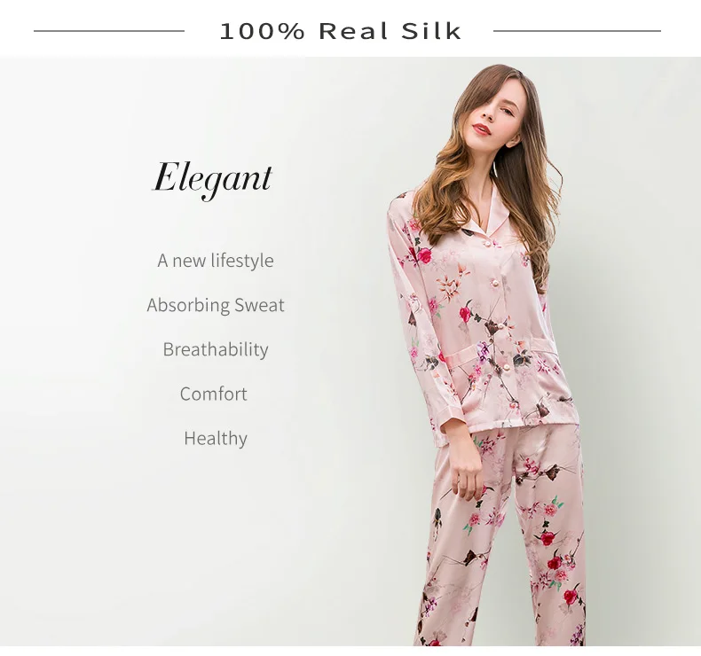 100% натуральный шелковый пижамный комплект для женщин с принтом розы, рубашка с длинными рукавами + брюки из натурального шелка, женская