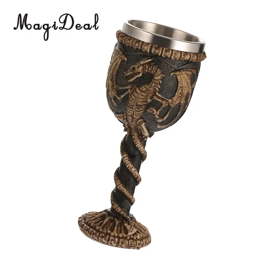 MagiDeal Practical Gothic Double Wall Resin Stainless Steel Dragon Wine Goblet Steampunk Collectible Decorative Craft Gift Cup