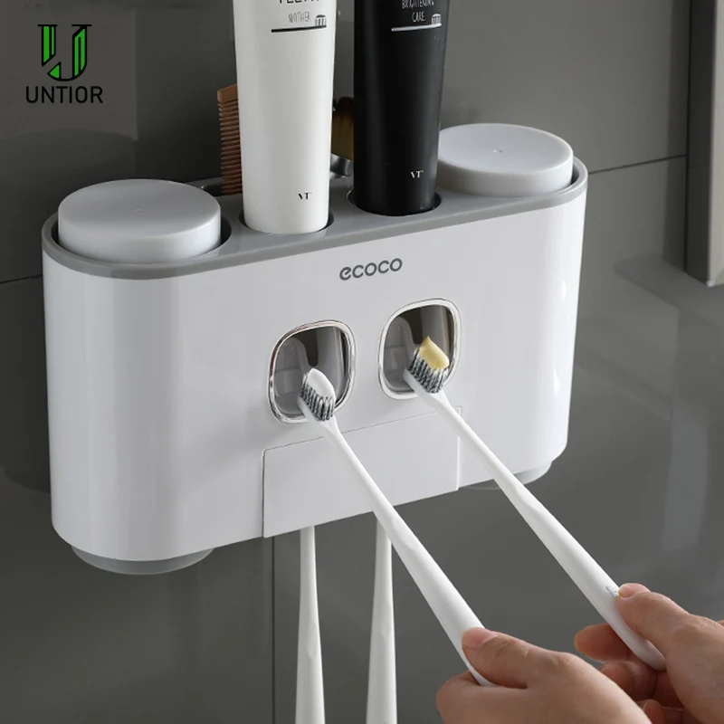 Preise UNTIOR Wand Montieren AutomaticToothpaste Dispenser Squeezer kunststoff sucker Zahnbürste Halter Badezimmer Zubehör Set Mit 4 Tassen