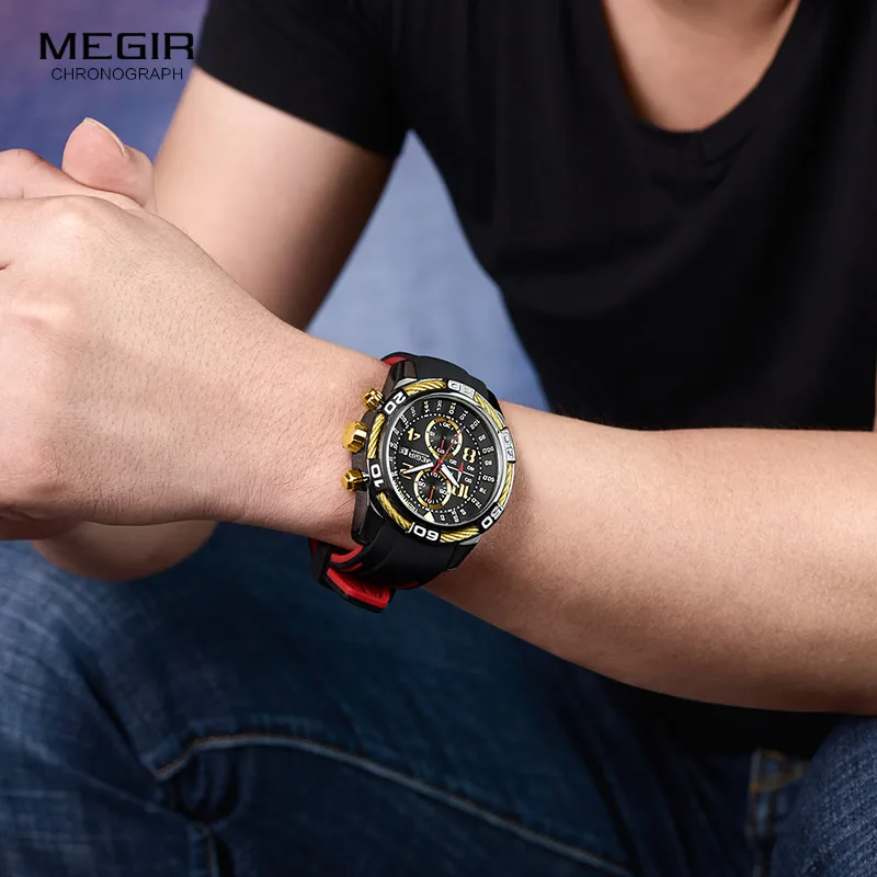 Billige Megir männer Sport Chronograph Quarz Handgelenk Uhren Wasserdicht Silikon Armee Racing Leucht Uhr Relojios Masculinos 2045 1N3