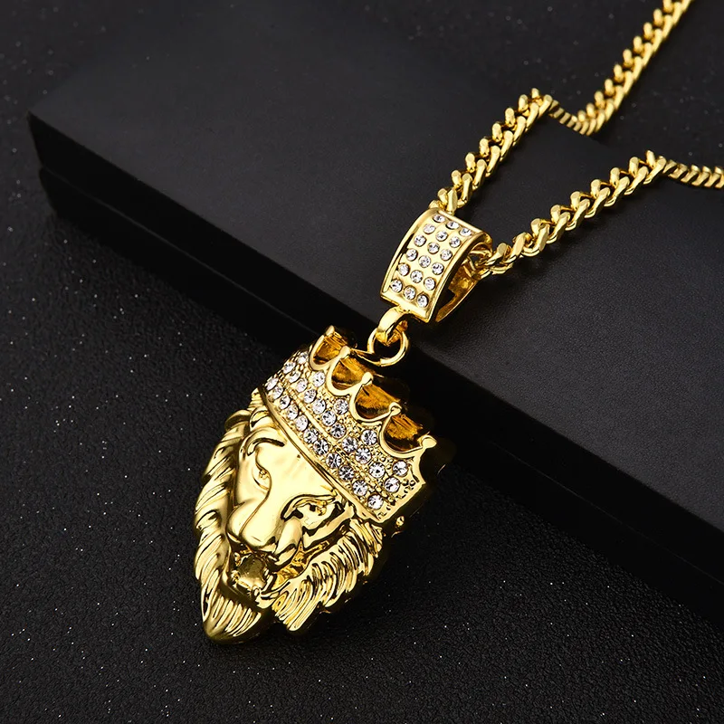 

Hip Hop Jewelry Lion Head Pendant Necklace With Gold Chain King Crown Iced Out Necklace for Men/ Women