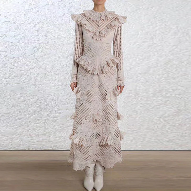 

Sale TOP QUALITY New Stylish 2018 Runway Dress Women's Long Sleeve Lace Mesh Patchwork Cascading Ruffle Long Dress
