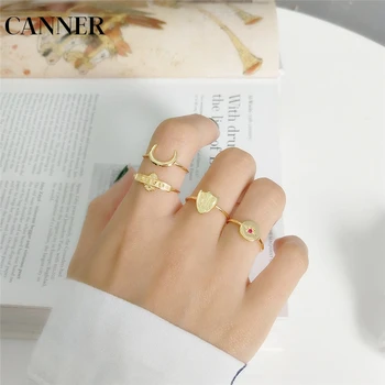 

CANNER Real 925 Sterling Silver Personality Openwork Ring Moon Star Shield BABY Styles For Fashion Women Ring 2019 Jewelry R4