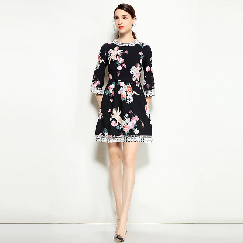 

High quality rose print three quarter sleeve dress 2018 spring summer runways angel print vintage dress S427