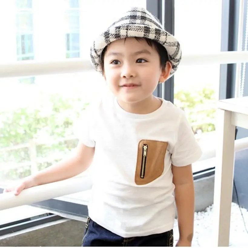baby boy t shirts Summer Boy Kids Patch Pocket Zipper Short Sleeve Tops Blouses Cotton T Shirt