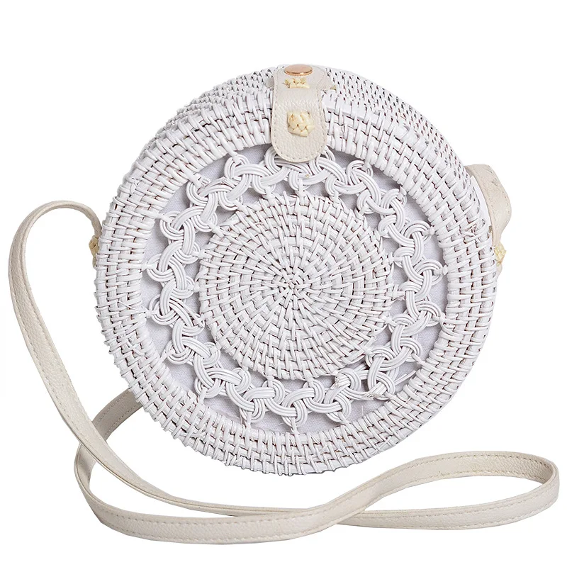 

White Straw Bag Summer Women Wicker Bags Shoulder Round Leather Strap Small Ladies Messenger Bag Handmade Female Crossbody Bags