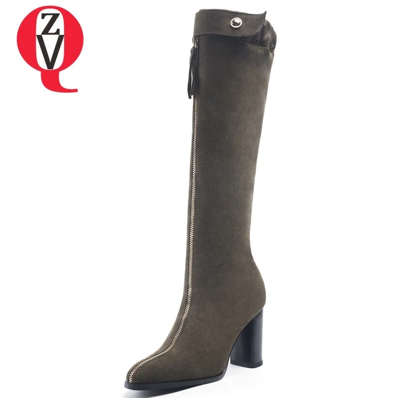 

ZVQ women shoes 2018 winter warm new fashion round toe front zipper super high square heel flock black and green knee high boots