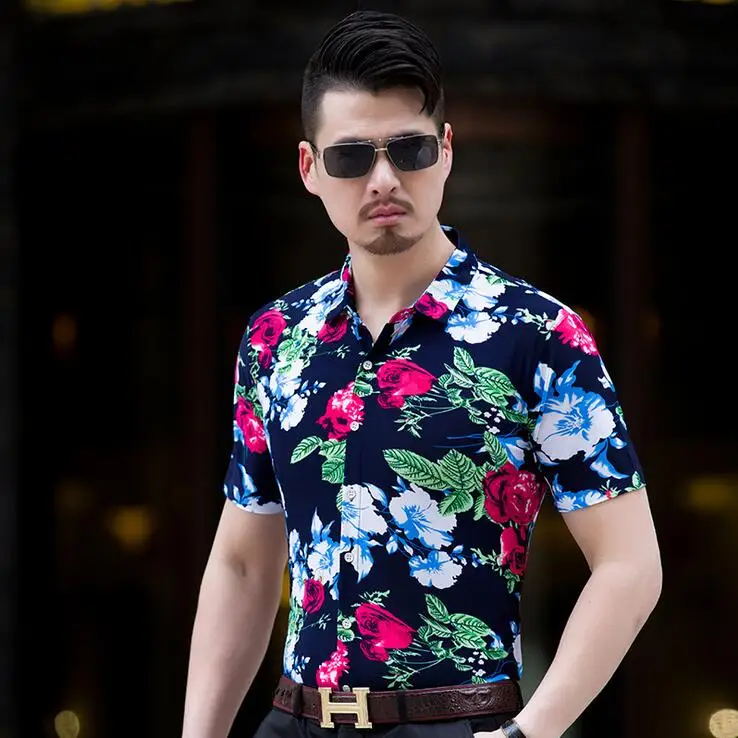 men casual short sleeve shirt male hawaiian shirt leaf Chemise Homme ...