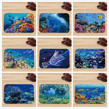 

Blue Sea Style Floor Mats Ocean Fish Printed Carpets Anti-slip Rugs Bathroom Kitchen Carpets Doormats for Living Room