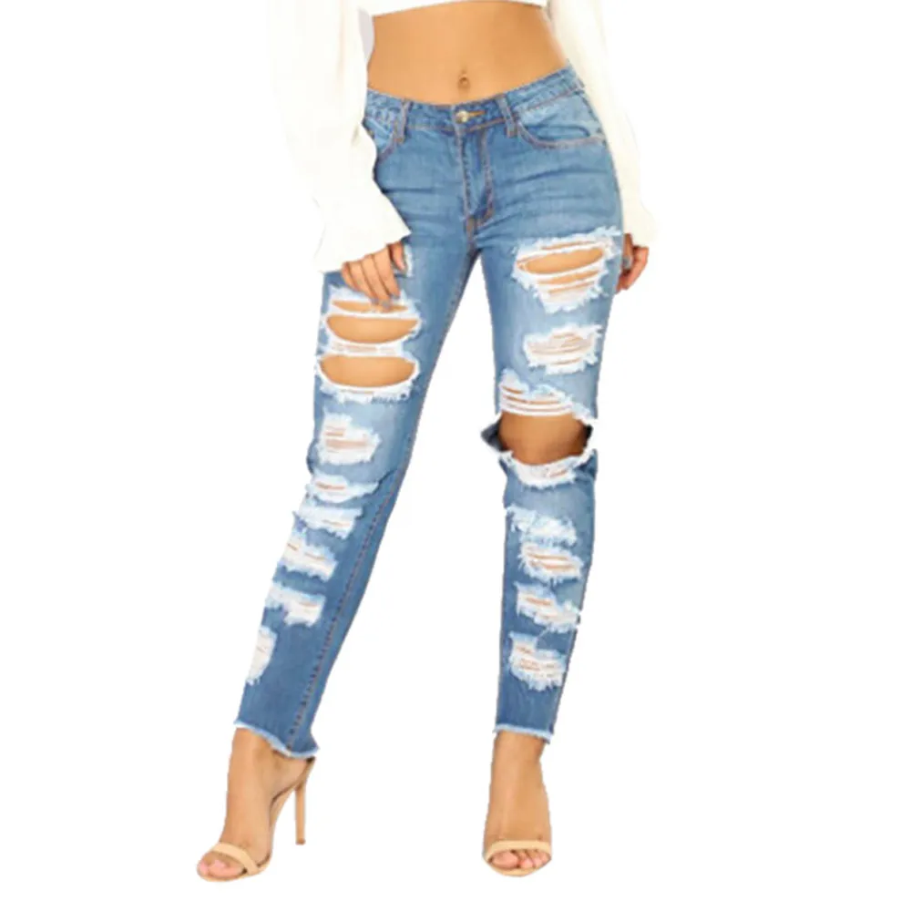 

2019 Newest Fashion Women Jeans Denim Hole Female Mid Waist Stretch Slim Sexy Pencil Pants Ladies Attractive Bravo