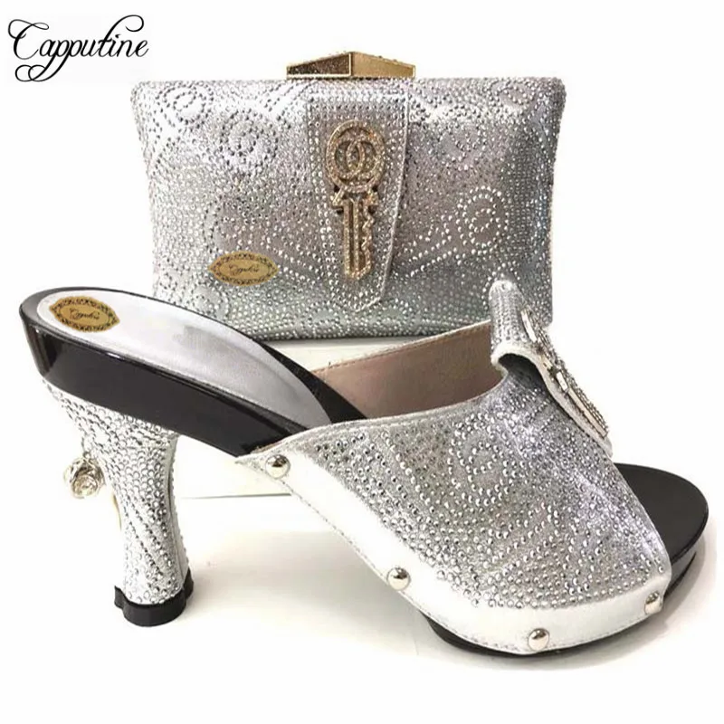 

Fashion Italian Rhinestone Woman Shoes And Purse Set Summer Style High Heel Slipper Shoes And Bag Set For Wedding TX-636