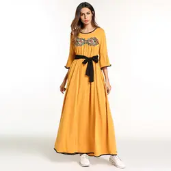 Элегантный Вышивка Цветочный абаи Платье макси с длинным рукавом халат платья Ближний Восток Рамадан Туника Vestidos кимоно Исламская одежда