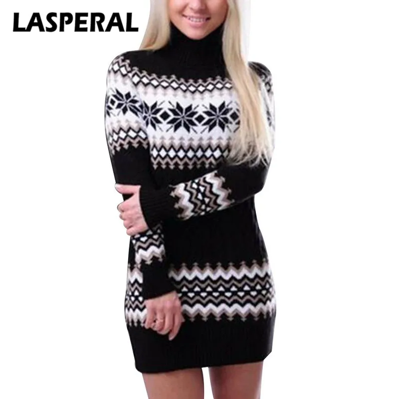 

LASPERAL Winter Warm Turtleneck Sweaters Knitted Pullovers Female Long Bodycon Christmas Sweaters Geometry Pattern Knitwear Z30
