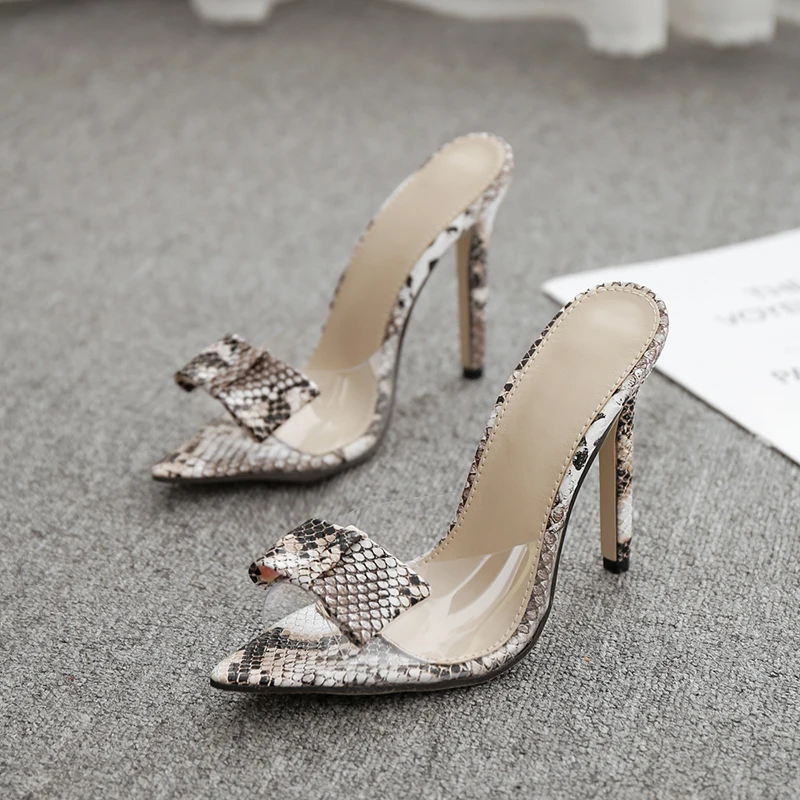 

woman shoes bow knot clear slippers summer snake prints high heels shoes sandals slip on slides Transparent mules zapatos mujer